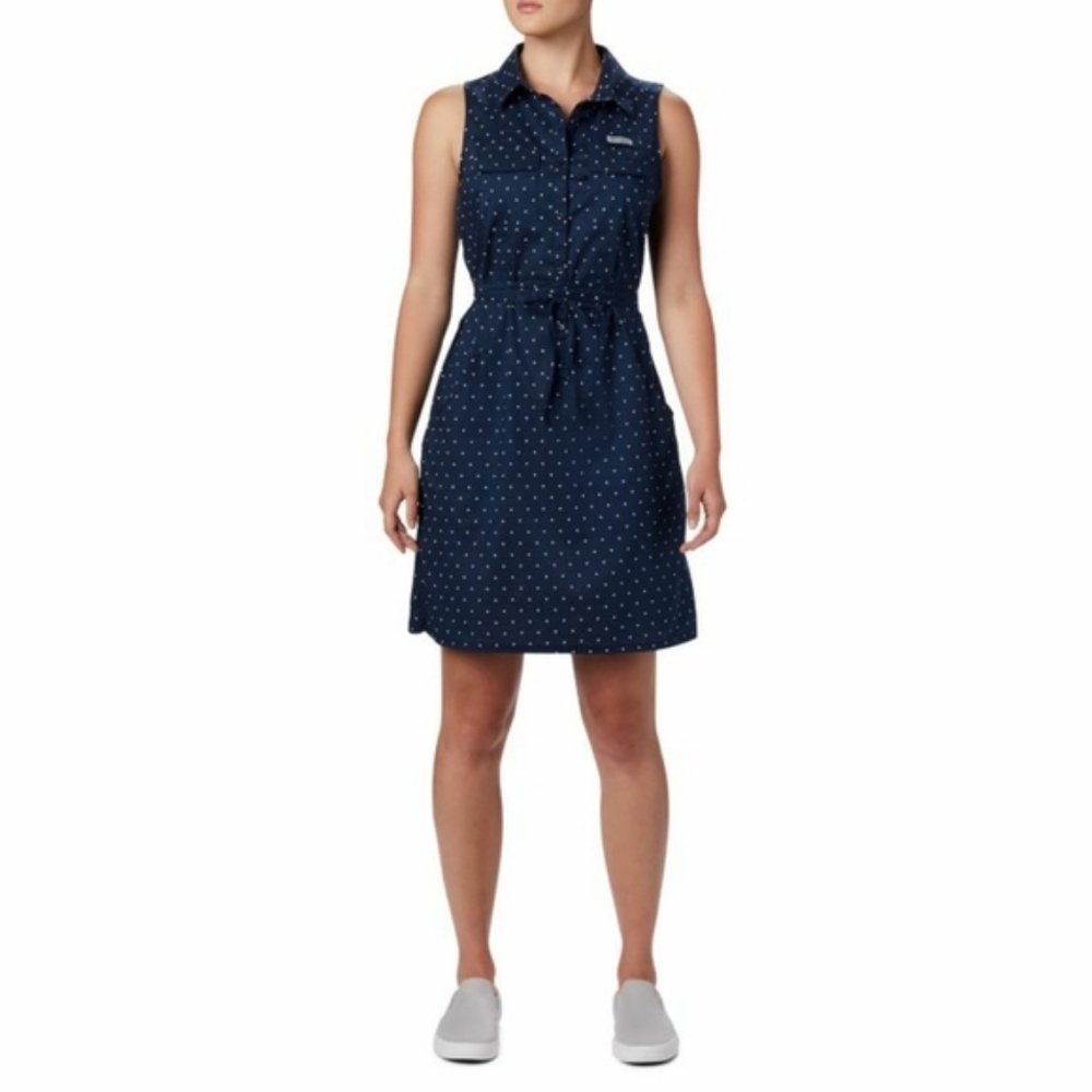 EUC Columbia Super Bonehead Navy Blue Polka Dot Cotton Dress